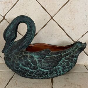 Vintage Terracotta Swan Sculptural Planter Black Antiqued Matte Glaze 10” Long